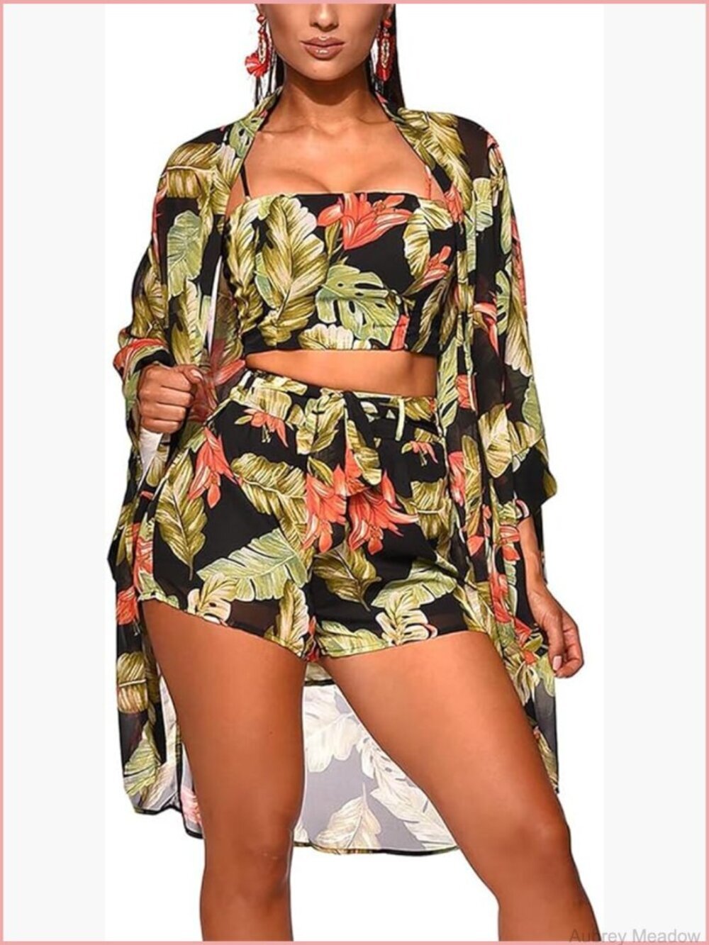 3 Piece Vocation Outfits Summer Floral Kimono Cardigan Crop Top Short Set